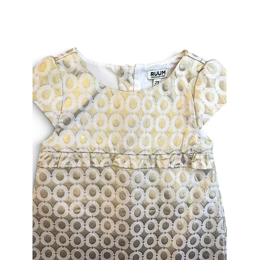 RUUM Girls Gold Metallic Jacquard Party Dress | Size 2Y